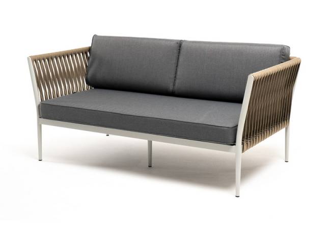 "Касабланка" диван 2-местный плетеный из роупа, каркас алюминий светло-серый (RAL7035) муар, роуп серо-коричневый 23мм, ткань серая 017 "Касабланка" диван 2-местный плетеный из роупа, каркас алюминий светло-серый (RAL7035) муар, роуп серо-коричневый 23мм, ткань серая 017