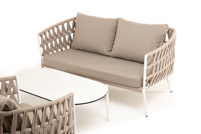 "Диего" лаунж-зона 4-местная плетеная из роупа (веревки), каркас алюминиевый белый, роуп бежевый "Диего" лаунж-зона 4-местная плетеная из роупа (веревки), каркас алюминиевый белый, роуп бежевый