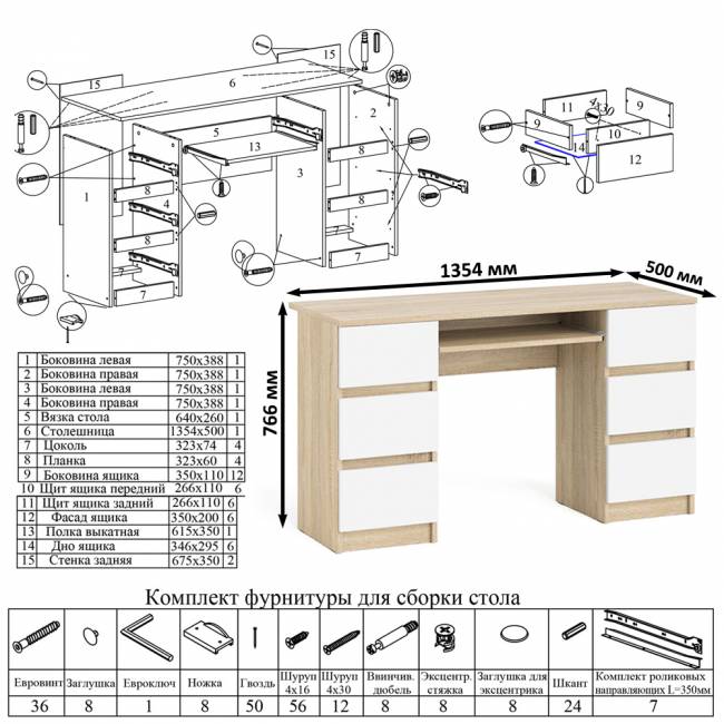 Компьютерный стол с двумя тумбами Мори МС-2 цвет дуб сонома/белый