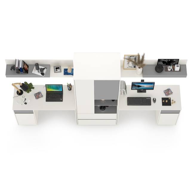 Столы компьютерные Торонто для двоих детей с полками и шкафом цвет белый шагрень/стальной серый Столы компьютерные Торонто для двоих детей с полками и шкафом цвет белый шагрень/стальной серый