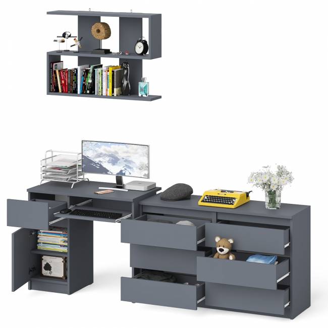 Большой комод на 6-ть ящиков Мори с компьютерным столом МС-1 левый и полка открытая на 900 цвет графит Большой комод на 6-ть ящиков Мори с компьютерным столом МС-1 левый и полка открытая на 900 цвет графит