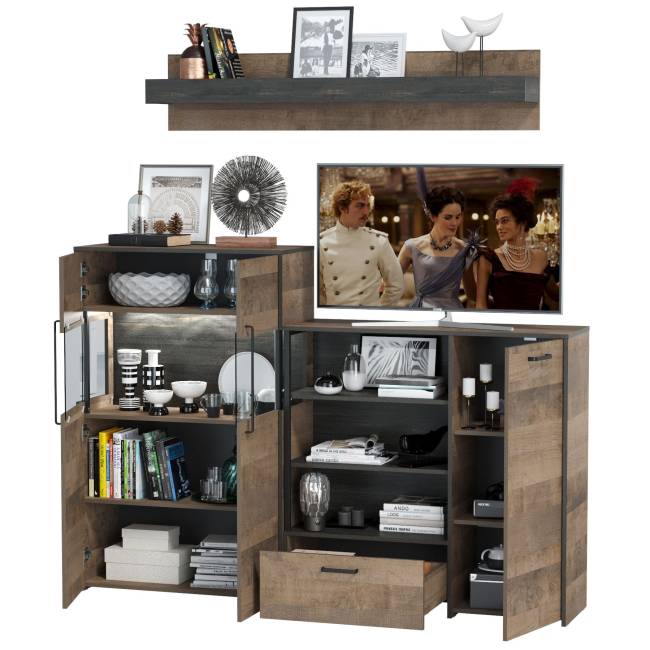 Комод с витриной с подсветкой и комод с дверкой и ящиком Трувор цвет дуб гранж песочный/интра Комод с витриной с подсветкой и комод с дверкой и ящиком Трувор цвет дуб гранж песочный/интра