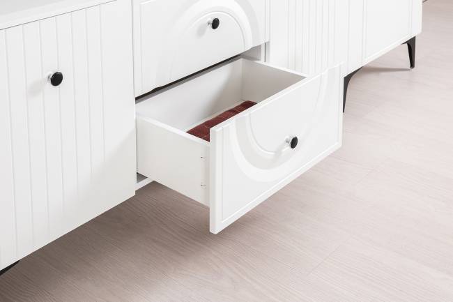 Две навесных полки с ТВ-тумбами и сервантом Валенсия цвет белый шагрень